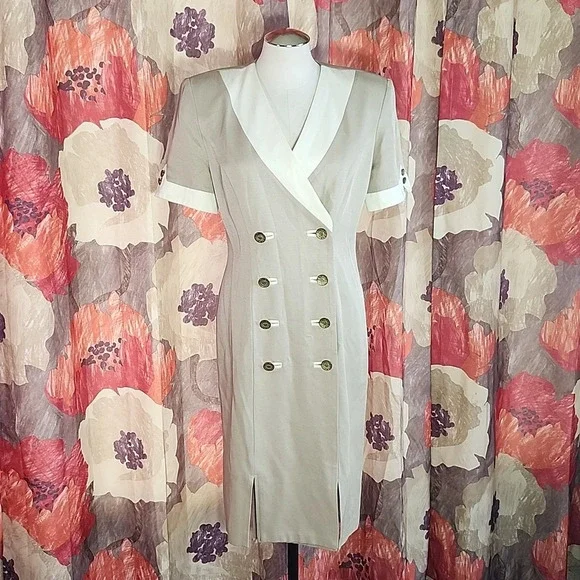 Vintage Danny & Nicole Tan & White Double-Breasted Jacket Dress – Size 8 - Picture 2 of 9